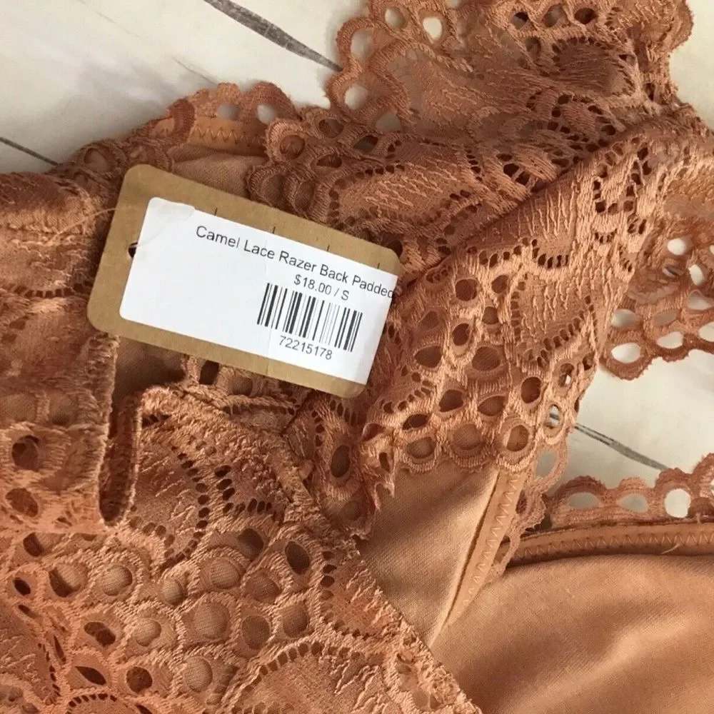 NWT Zenana Outfitters Women's‎ Camel Lace Razer Back Padded Bralette Bras Size S